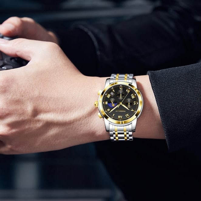 Tisselly 6619 Stainless Steel Strap Chronograph Watch for Men - Silver Gold & Black