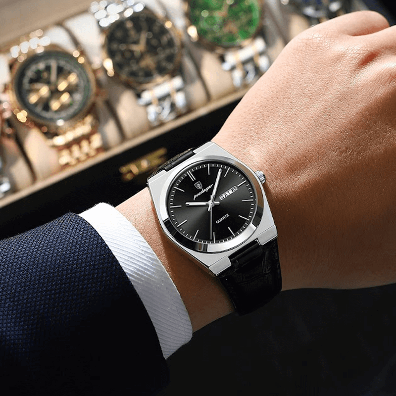 Poedagar 930 Elegant Ultra-Thin Gemstone Leather Luminous Quartz Watch- Black