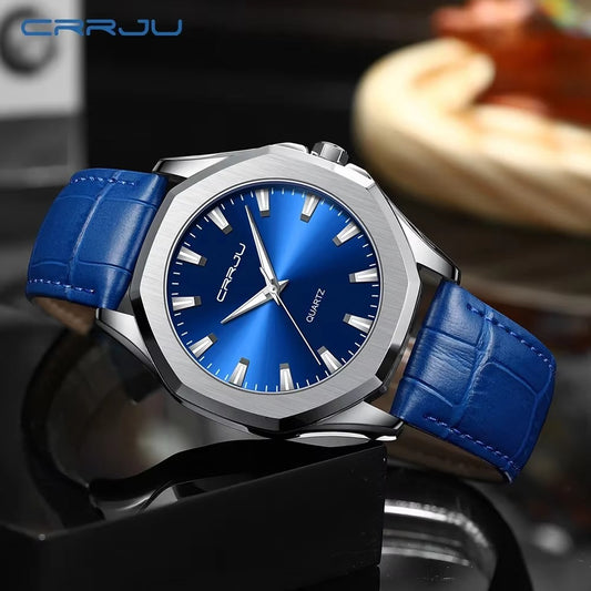 CRRJU 5015 Fashion Men Quartz Watch Leather Chronograph - Blue