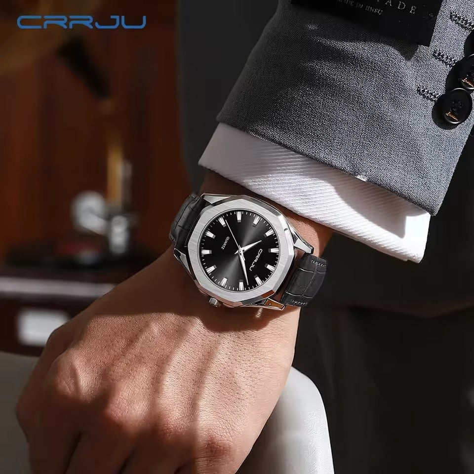 CRRJU 5015 Fashion Men Quartz Watch Leather Chronograph - Black