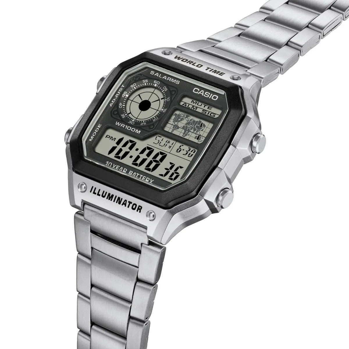 Casio AE-1200WHD-1AV World Timer Digital Watch Stainless Steel Bracelet & 100M Water Resistance