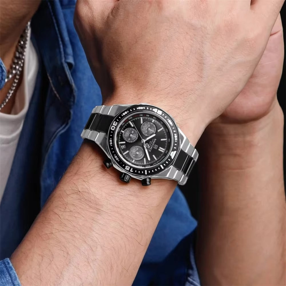 NAVIFORCE 8049 Military Active Chronograph Luxury Stainless Steel Band Quartz Calendar Men's Watches- Silver & Black