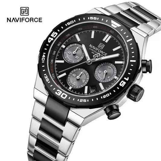 NAVIFORCE 8049 Military Active Chronograph Luxury Stainless Steel Band Quartz Calendar Men's Watches- Silver & Black