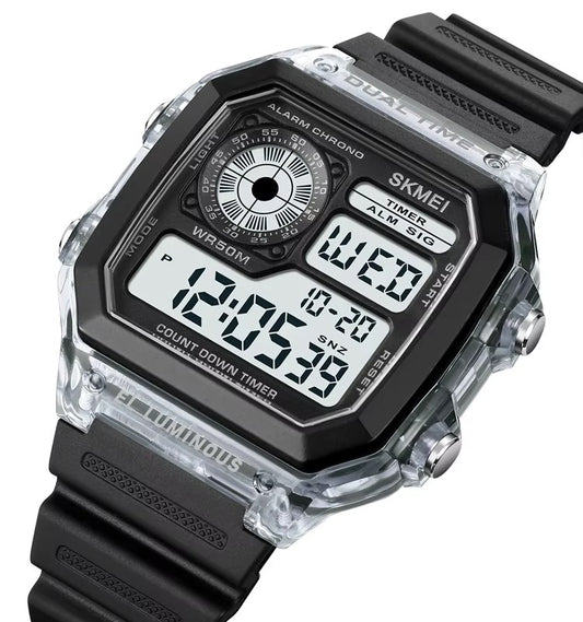 SKMEI 1998 Multifunction Retro Silicon Band Men’s Watch- Black Transparent Dial