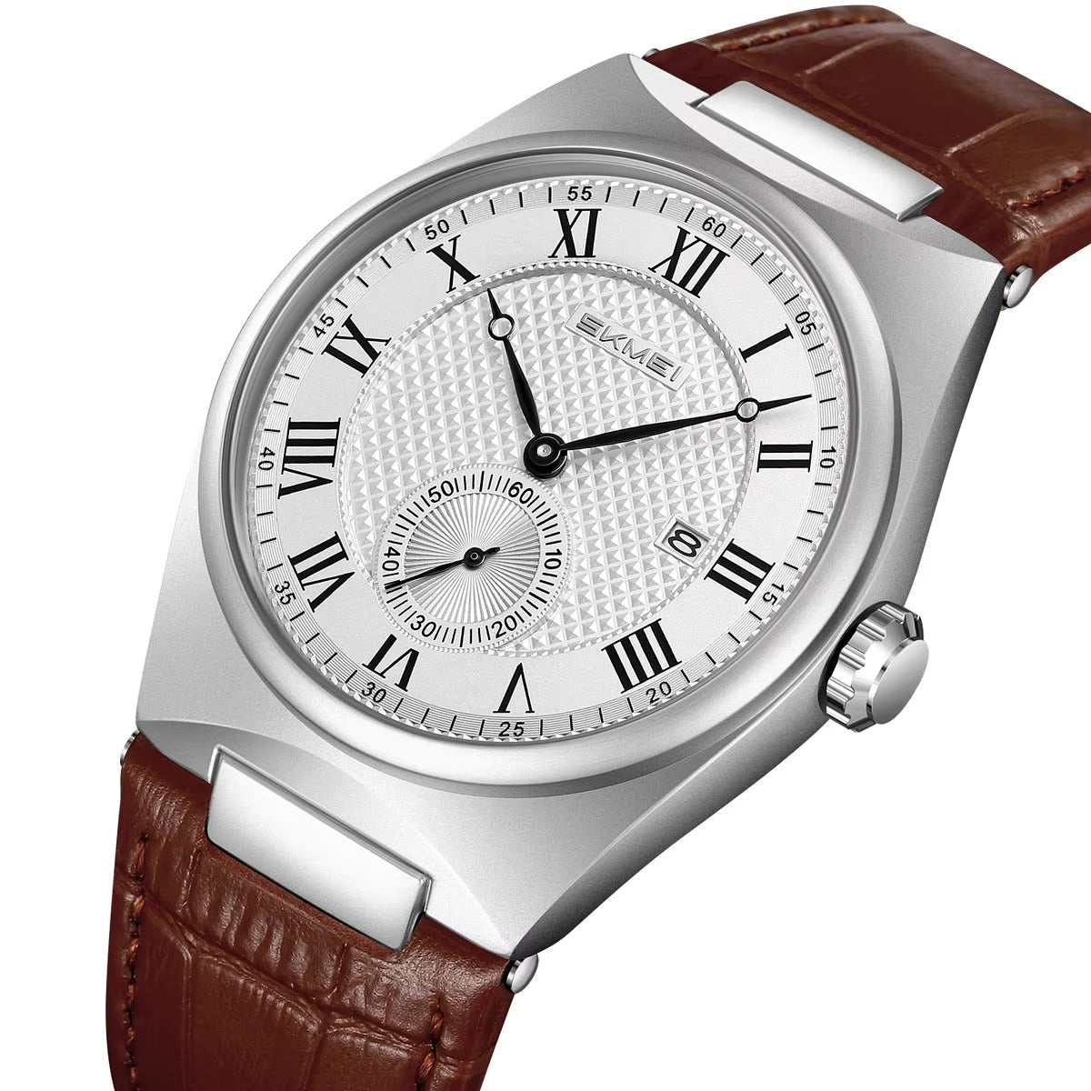 SKMEI 9390 Luxury Stainless Steel Leather straps Quartz Men’s Watch- Brown