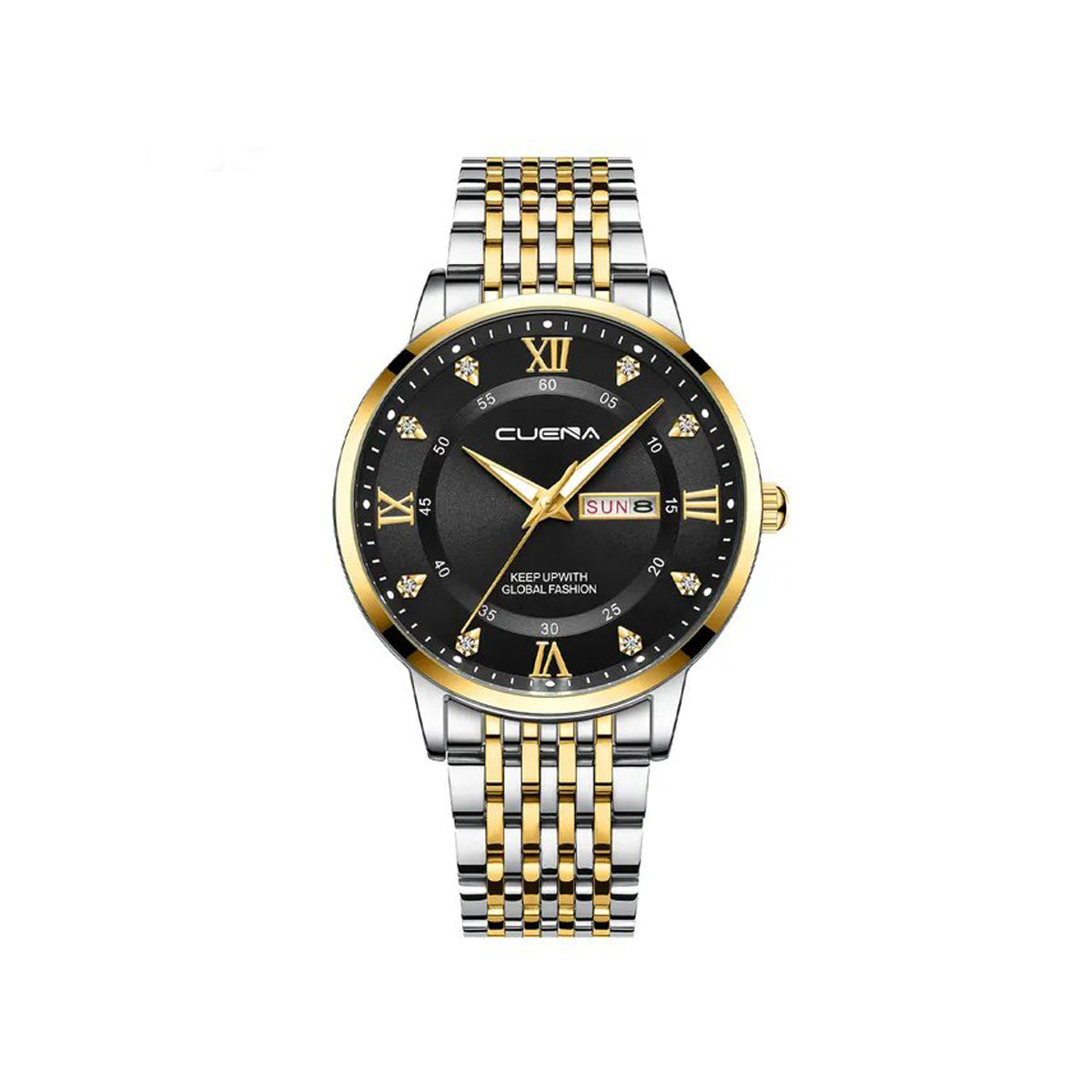 CUENA 6008 Top Brand Fashion Luxury Stainless Steel Wristwatch Diamond Dial Week Business Date Quartz Clock- Silver Gold & Black