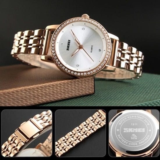 Skmei 1311 Luxury Women Stainless Steel Quartz Rhinestone Fashion Watch for Ladies- Rose Gold