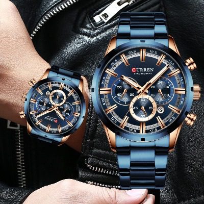 CURREN 8355 Multi-function Steel Strap Watch for Men - Blue