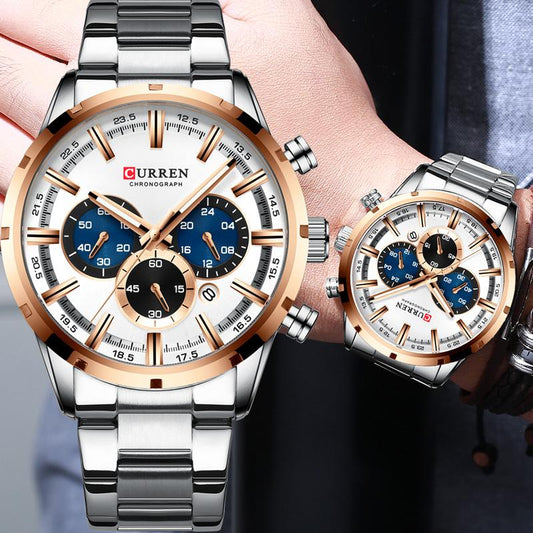 CURREN 8355 Multi-function Steel Strap Watch for Men - Silver & Rose Gold