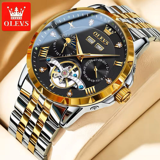 Olevs 6691 Luxury Tourbillon Automatic Mechanical Watch - Silver Gold & Black