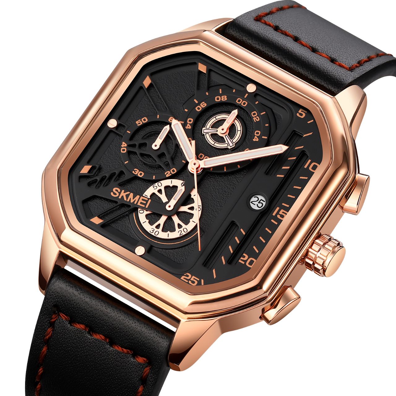 SKMEI 1963 Men’s Quartz Chronograph Leather Belt Watch- Rose Gold