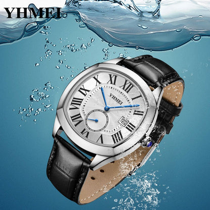 YHMEI 8240 Trendy style Leather Straps quartz Movement Wrist Men watch- Black White