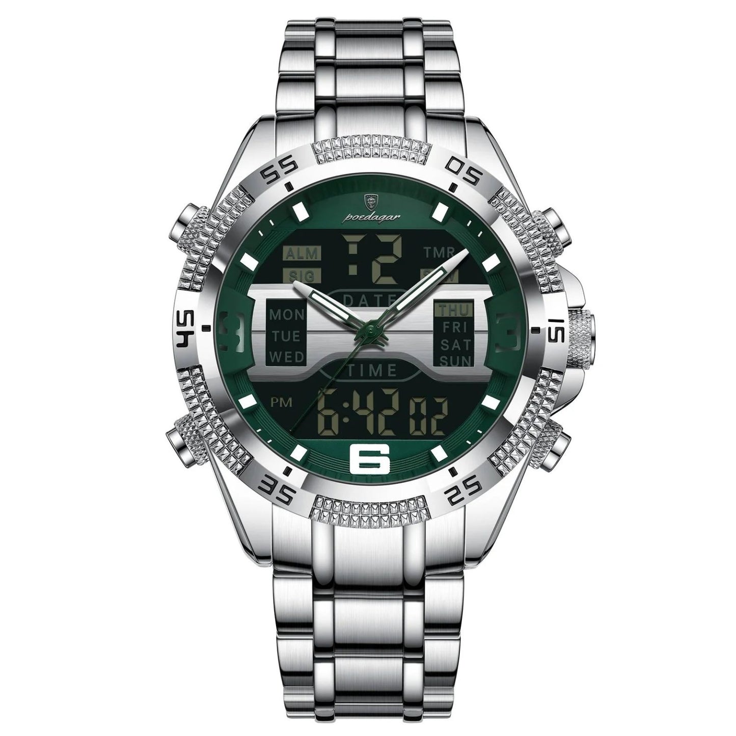POEDAGAR 103 Luxury Sports Dual Time Men’s Watches-Silver Green