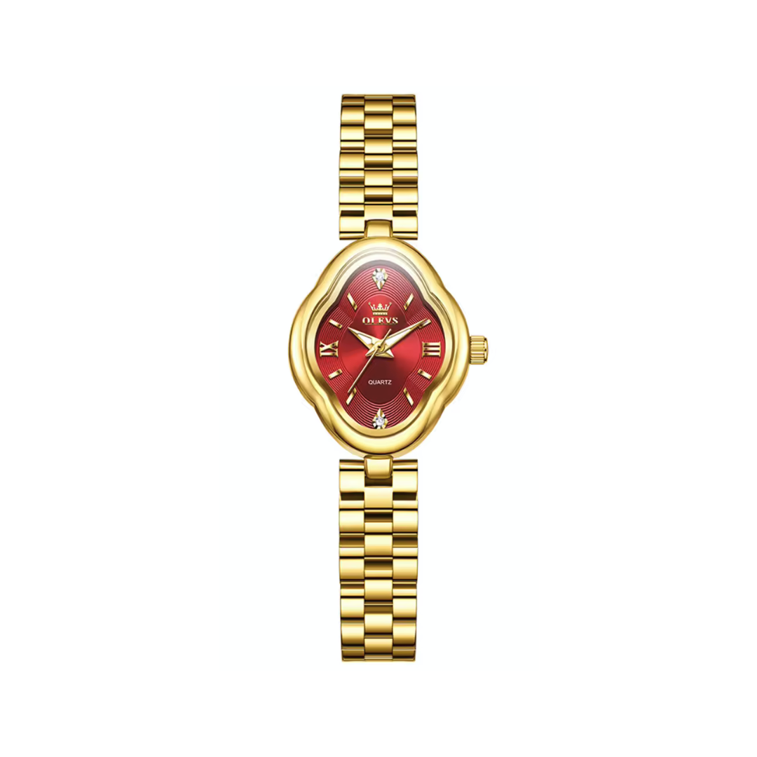 OLEVS 5666 Ladies Quartz Watch Stainless Steel Band- Red Dial