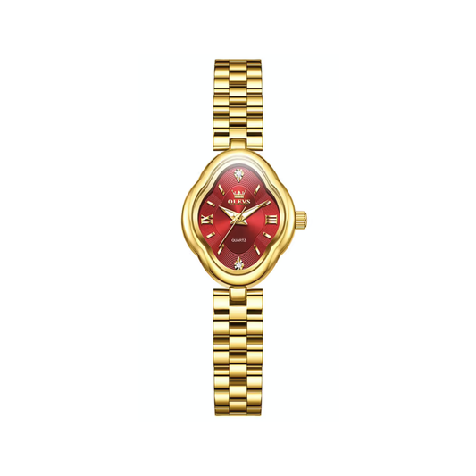 OLEVS 5666 Ladies Quartz Watch Stainless Steel Band- Red Dial