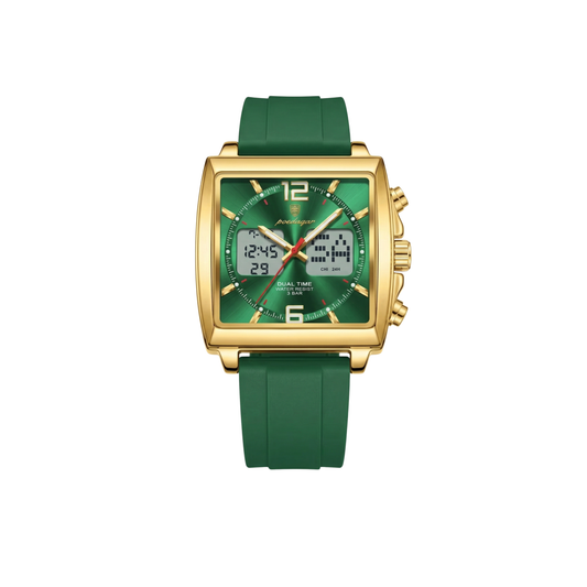 Poedagar E109 Waterproof Luminous Multifunctional Chronograph Alarm Silicone Strap Gold Frame Green Dial Men