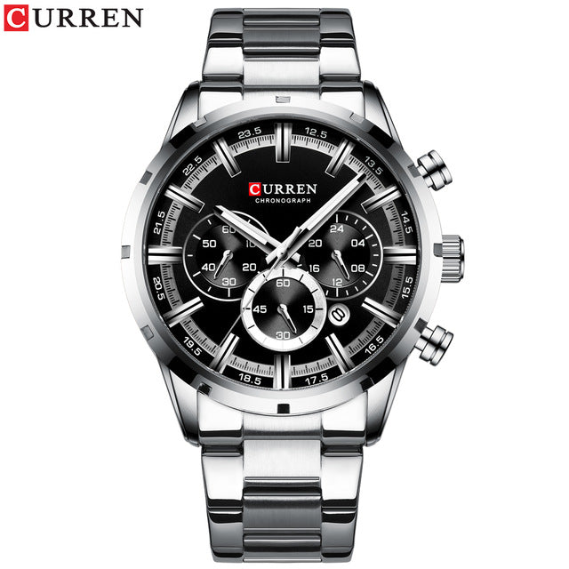 CURREN 8355 Multi-function Steel Strap Watch for Men - Silver & Black