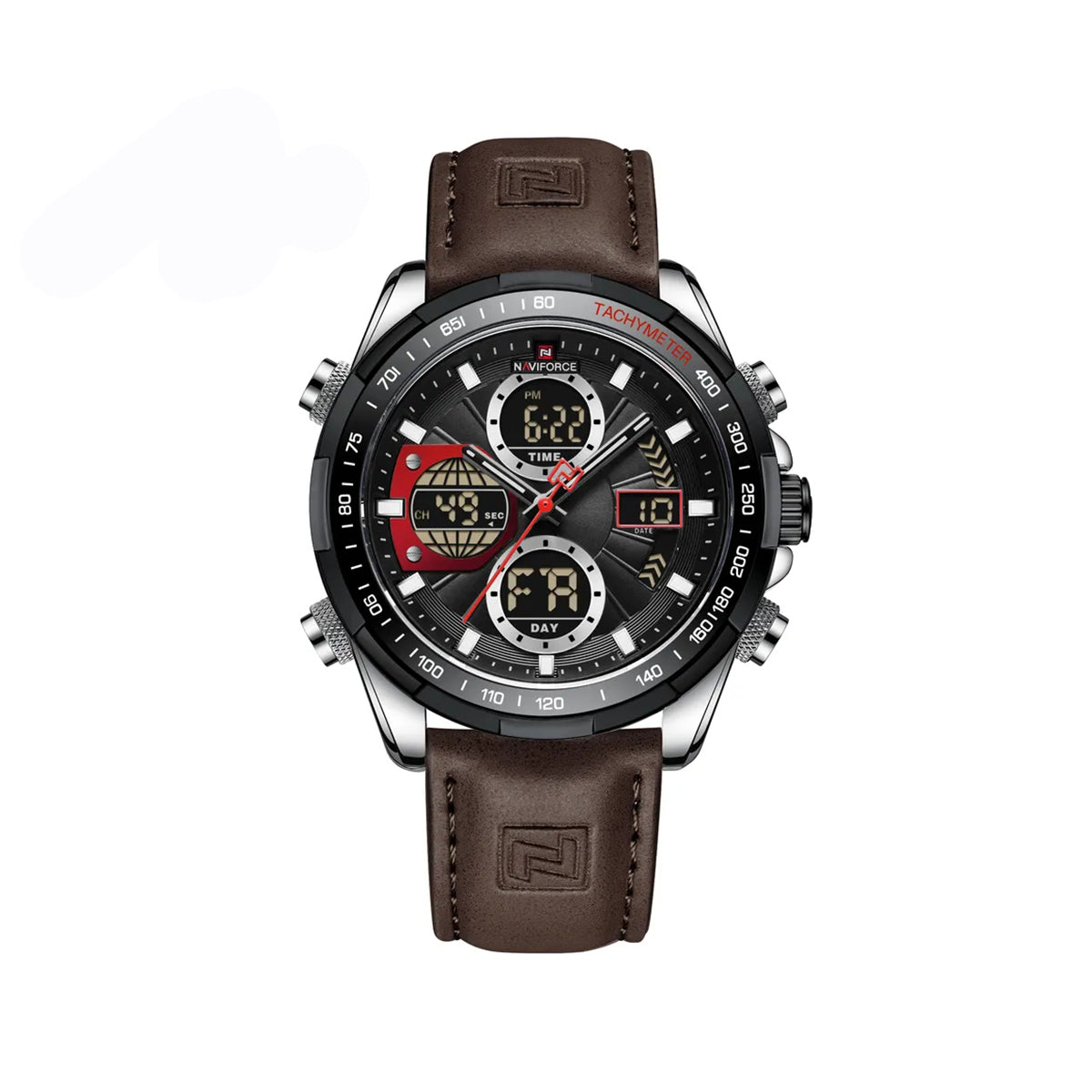 NAVIFORCE 9197 Digital & Analog Display Leather Casual Military Sport Wristwatch for Men’s- Brown Silver