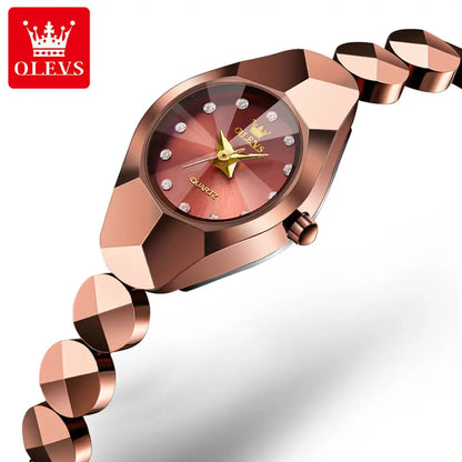 OLEVS 7007 Luxury Classic Tungsten Steel Strap Fashion business Quartz Watch for Women- Rose Gold
