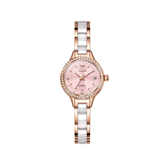 OLEVS 7093 Ladies Rose gold Quartz Watch CERAMIC Strap- Pink Dial