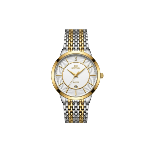 Bestwin 217M Classic Mesh Steel Quartz Men's Dual Tone Watch- White Dial