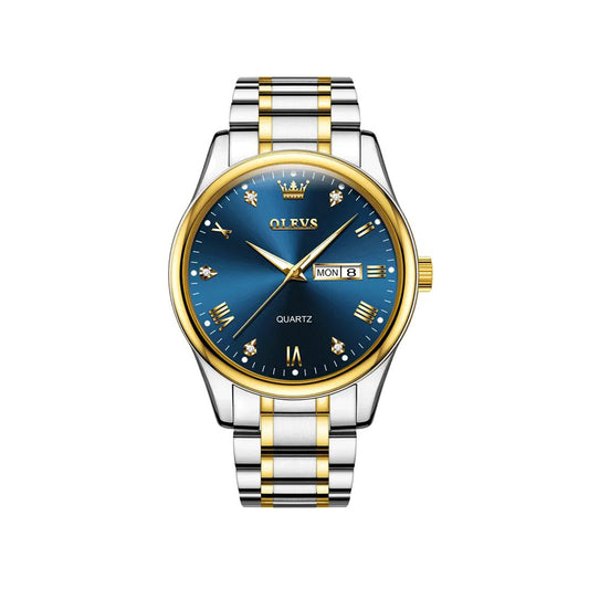 Olevs 5563G Stainless Steel Watch for Men - Silver Gold & Blue