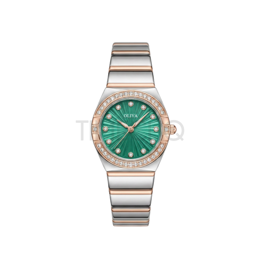 Oliya 990 Women’s Bracelet Watch with Crystal Bezel- Green Dial