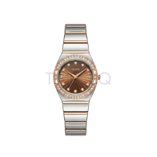 Oliya 990 Women’s Bracelet Watch with Crystal Bezel- Brown Dial