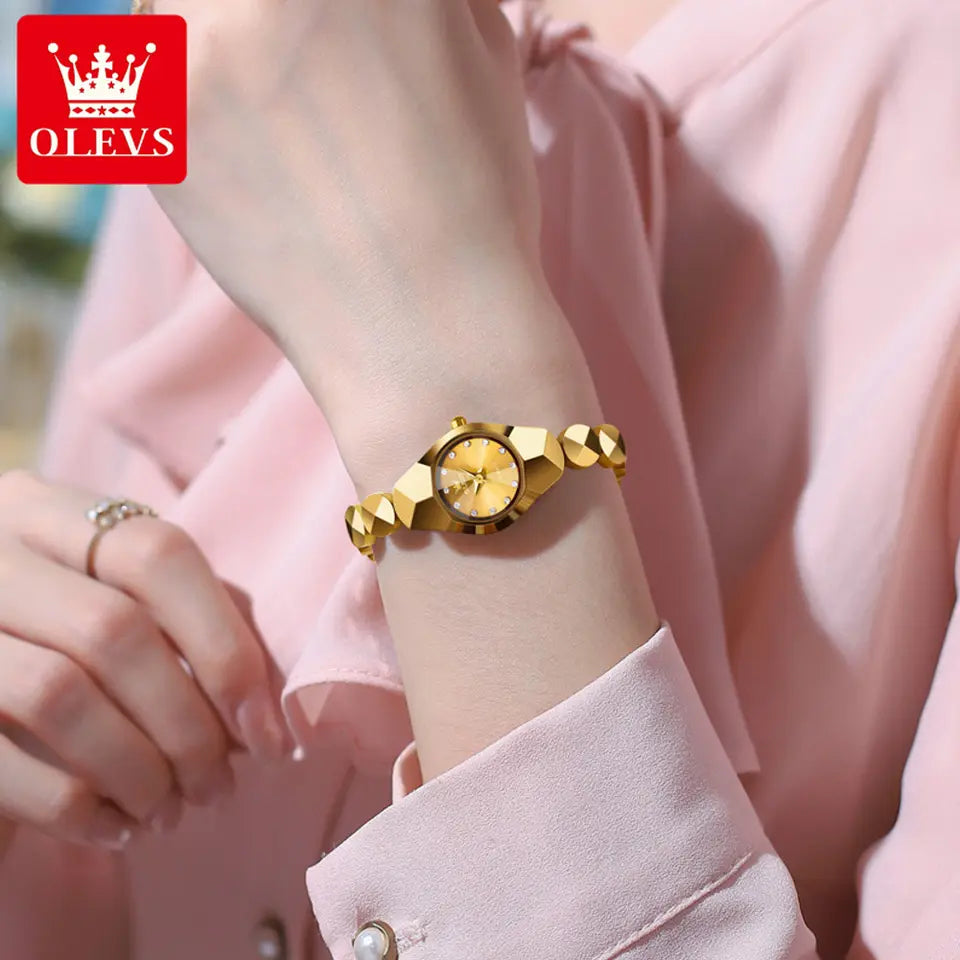 OLEVS 7007 Luxury Classic Tungsten Steel Strap Fashion business Quartz Watch for Women- Gold