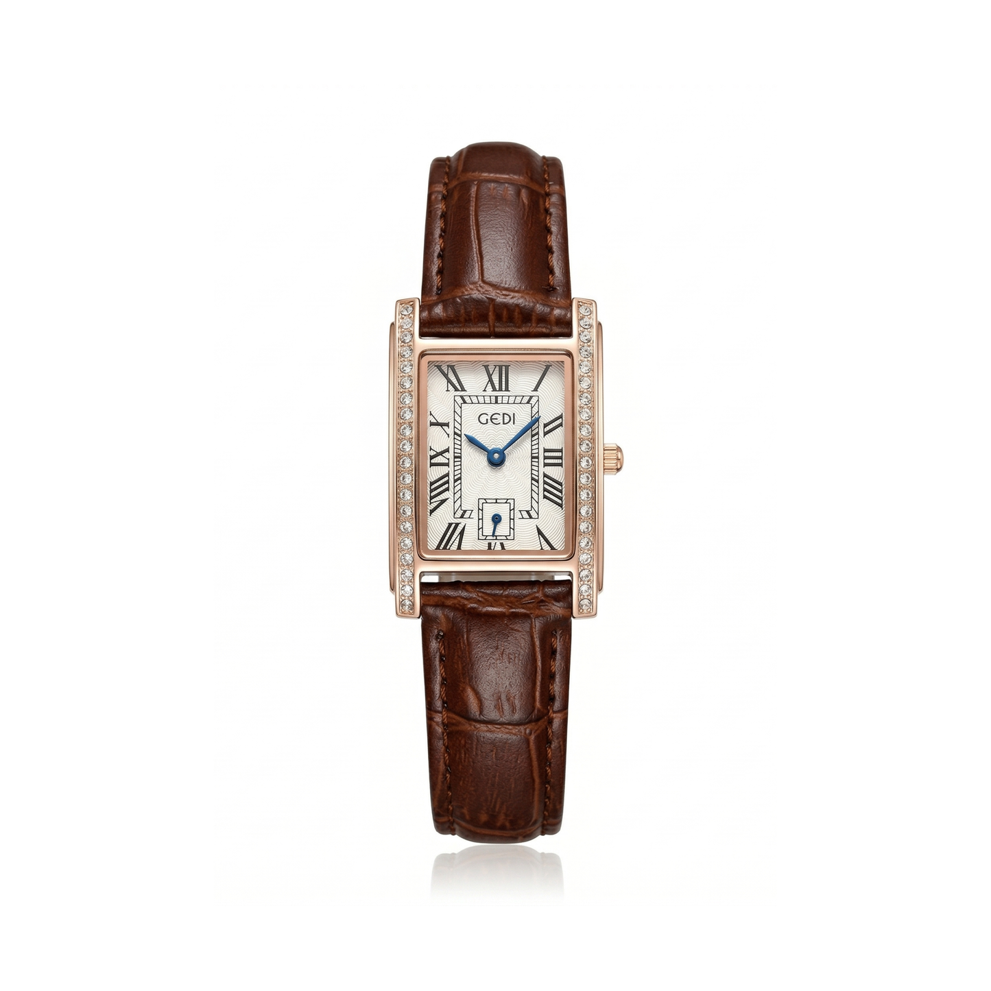 GEDI 51025 Vintage Diamond Rose Gold Leather Strap Quartz Watch