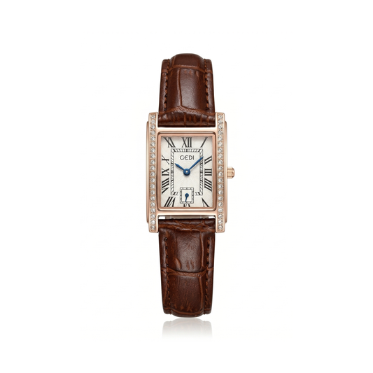 GEDI 51025 Vintage Diamond Rose Gold Leather Strap Quartz Watch