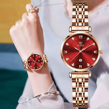 OLEVS 5866 Luxury Fashion Quartz watch for women- Rose Gold & Red