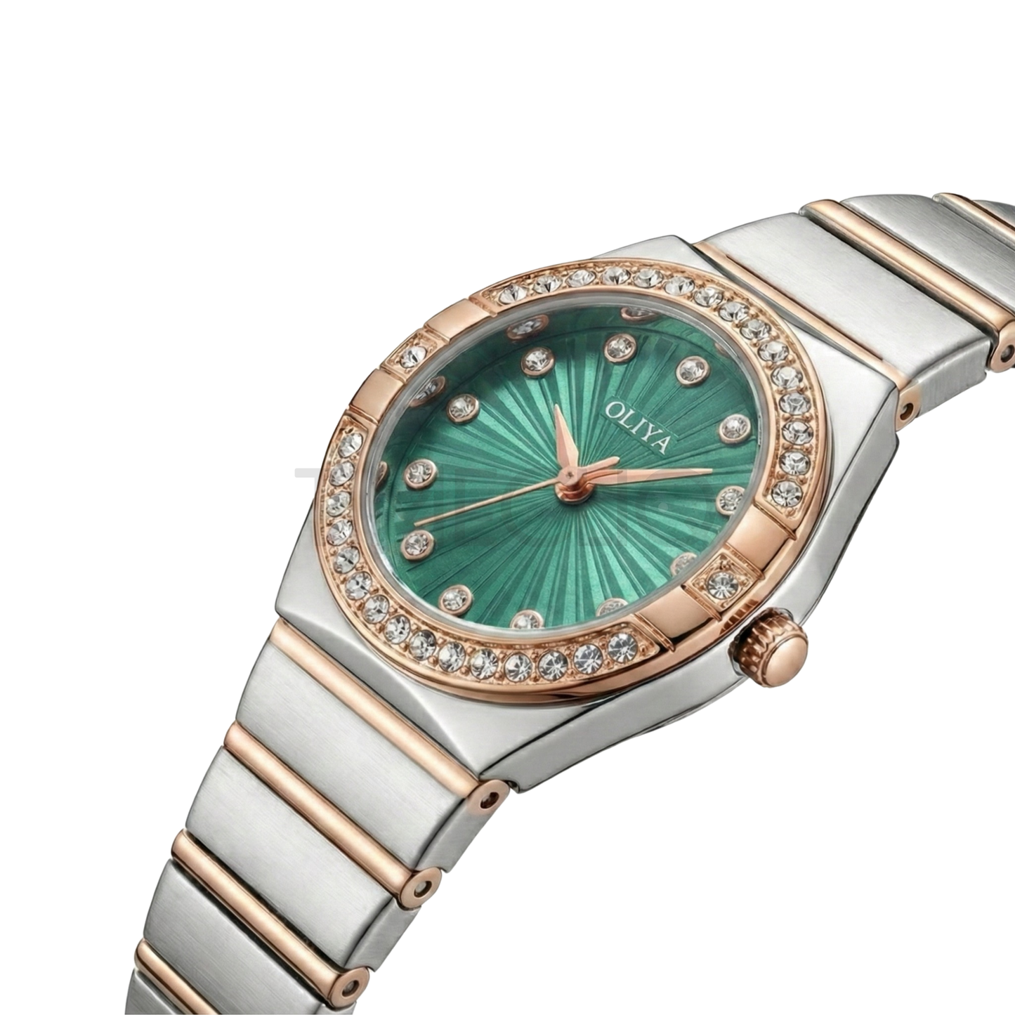 Oliya 990 Women’s Bracelet Watch with Crystal Bezel- Green Dial