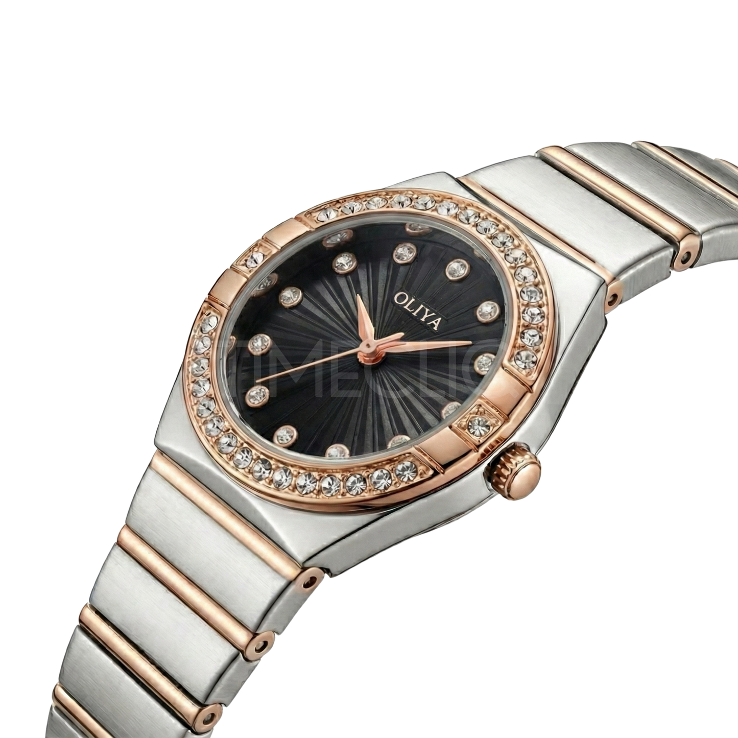 Oliya 990 Women’s Bracelet Watch with Crystal Bezel- Black Dial