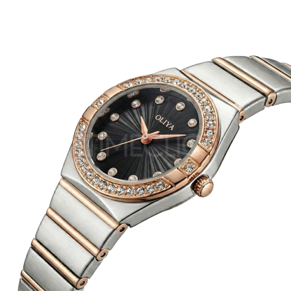 Oliya 990 Women’s Bracelet Watch with Crystal Bezel- Black Dial