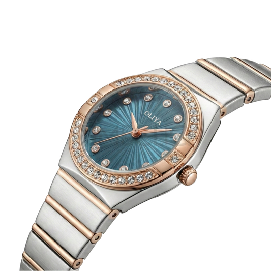Oliya 990 Women’s Bracelet Watch with Crystal Bezel- Blue Dial