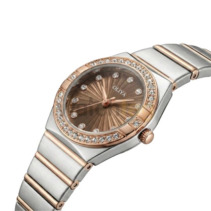 Oliya 990 Women’s Bracelet Watch with Crystal Bezel- Brown Dial