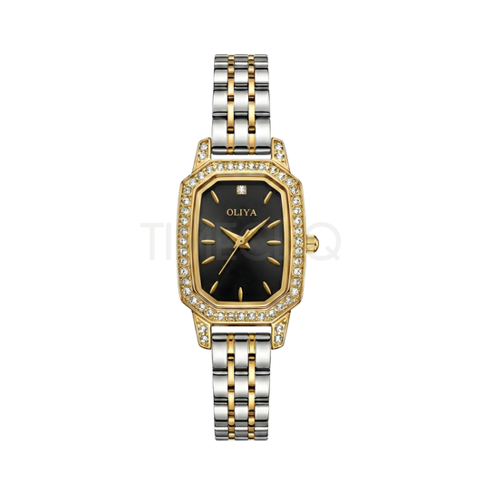Oliya 2002 Women’s Luxury Two-Tone Watch – Black Dial | Premium Ladies Wristwatch
