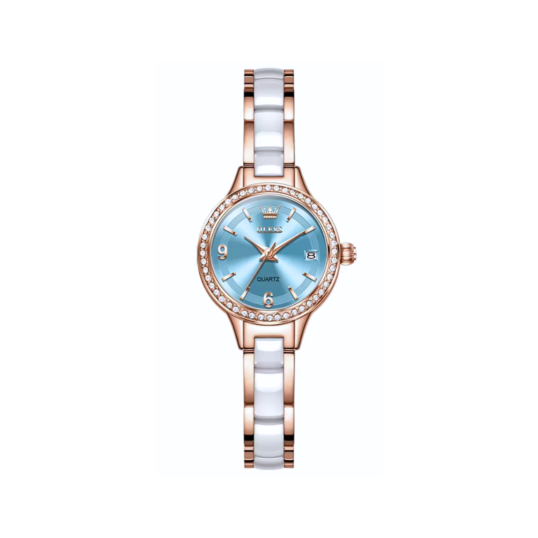 OLEVS 7093 Ladies Rose gold Quartz Watch CERAMIC Strap- Blue Dial