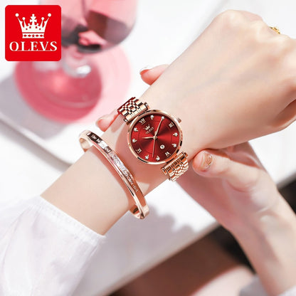 OLEVS 5866 Luxury Fashion Quartz watch for women- Rose Gold & Red