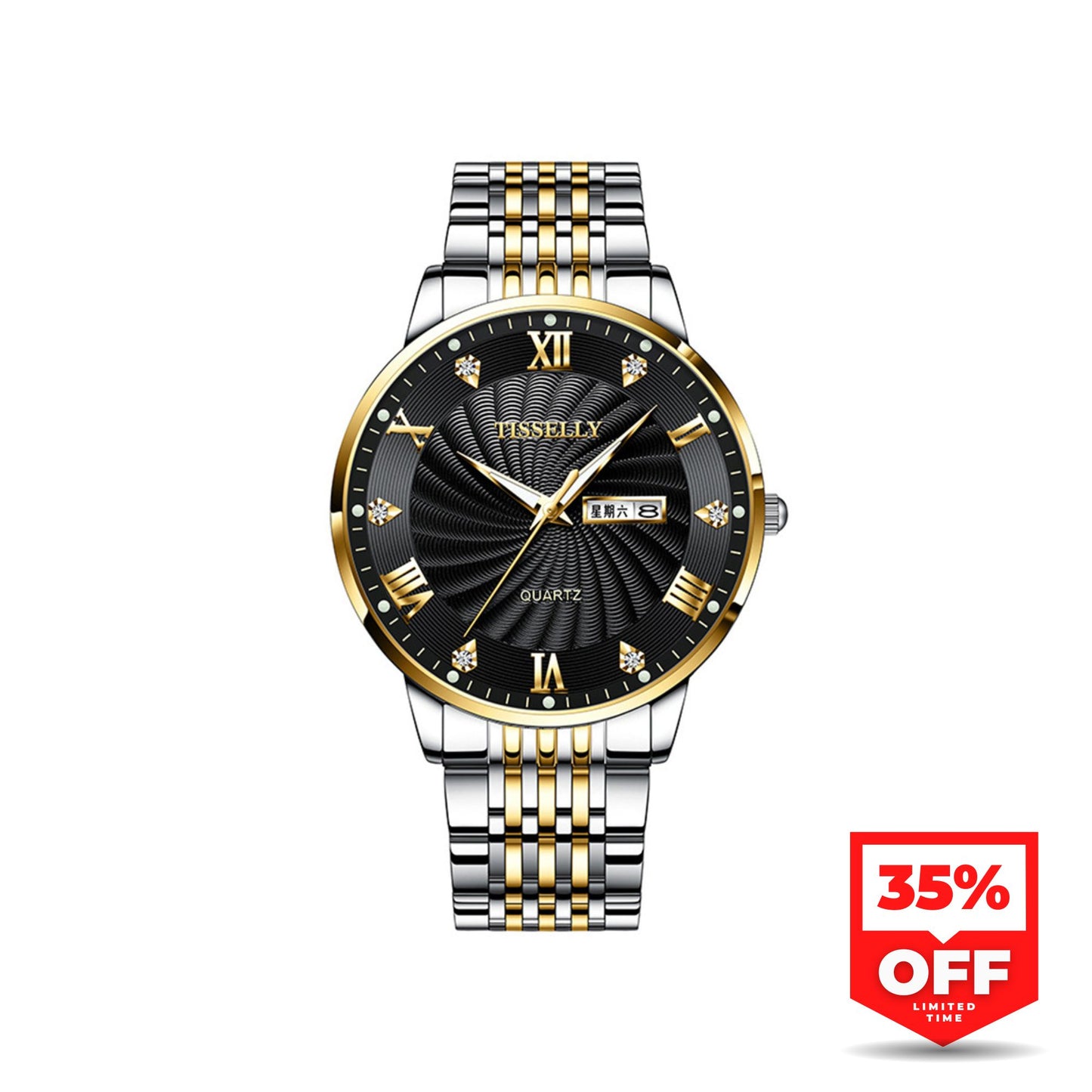 Tisselly 079 Stainless Steel Belt Men’s Quartz Watch- Silver Gold & Black