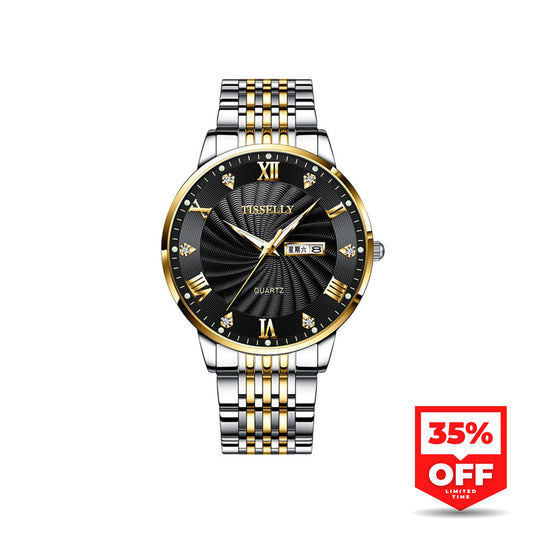 Tisselly 079 Stainless Steel Belt Men’s Quartz Watch- Silver Gold & Black