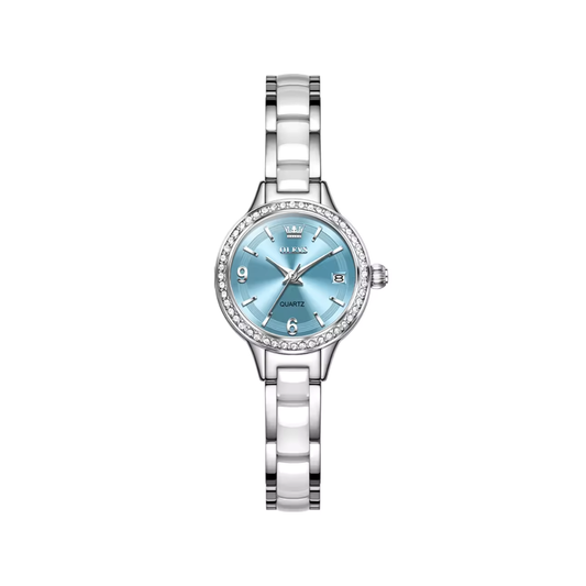 OLEVS 7093 Ladies Silver Quartz Watch CERAMIC Strap- Blue Dial