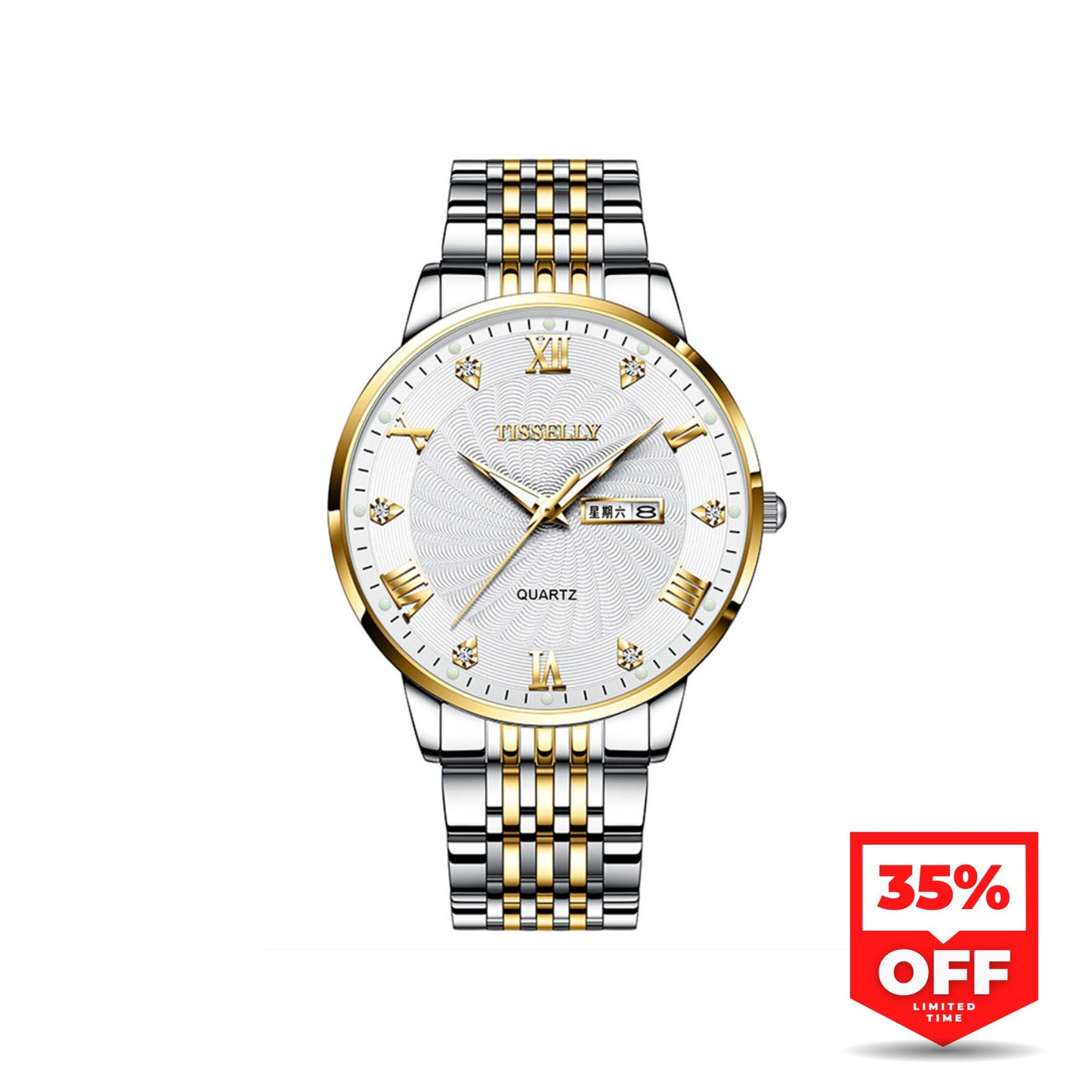 Tisselly 079 Stainless Steel Belt Men’s Quartz Watch- Silver Gold