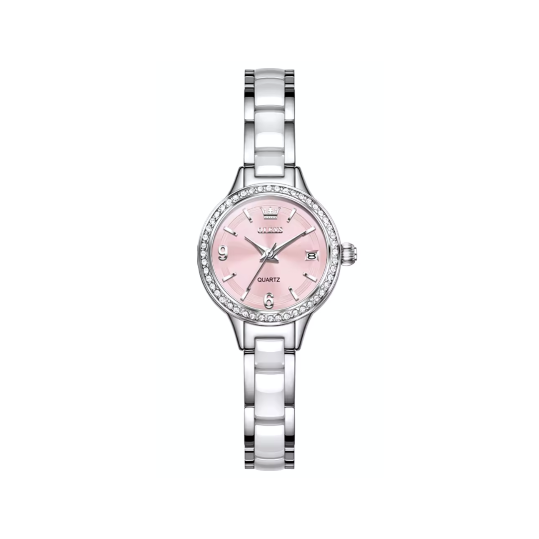 OLEVS 7093 Ladies Silver Quartz Watch CERAMIC Strap- Pink Dial