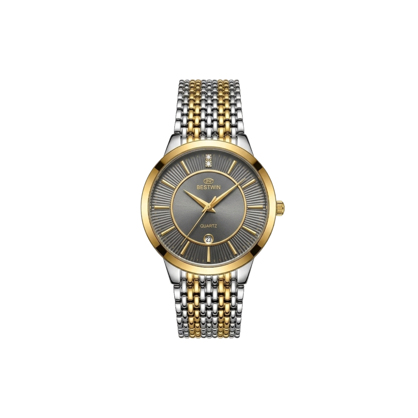 Bestwin 217M Classic Mesh Steel Quartz Men's Dual Tone Watch- Grey Dial