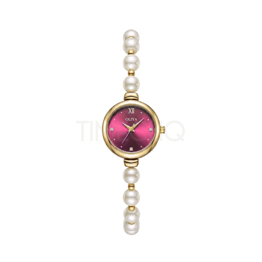 Oliya 993 Women’s Pearl Bracelet Wristwatch – Elegant Deep Pink Dial Ladies Watch