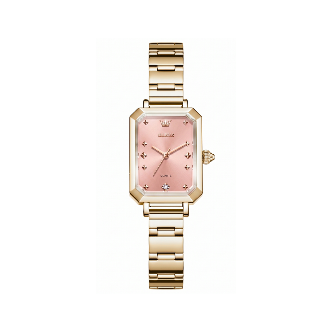 OLEVS 5660 Gold Ladies Quartz Watch Stainless Steel Band- Pink Dial