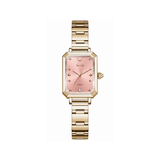 OLEVS 5660 Gold Ladies Quartz Watch Stainless Steel Band- Pink Dial