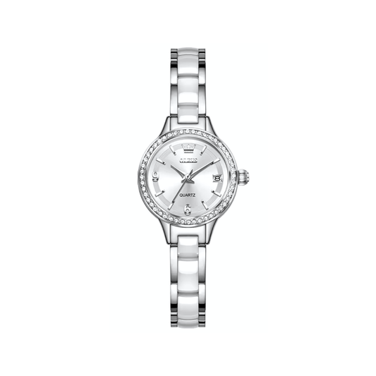 OLEVS 7093 Ladies Silver Quartz Watch CERAMIC Strap- White Dial